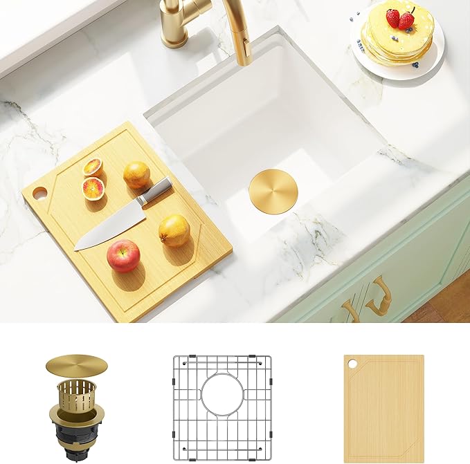 MILOSEN White Undermount Bar Sink, 16×16 Inch Small White Granite Composite Wet Bar or Prep Sinks with Cutting Board, 9 Inch Deep Outdoor Single Bowl Small Workstation Sink with Gold Accessories
