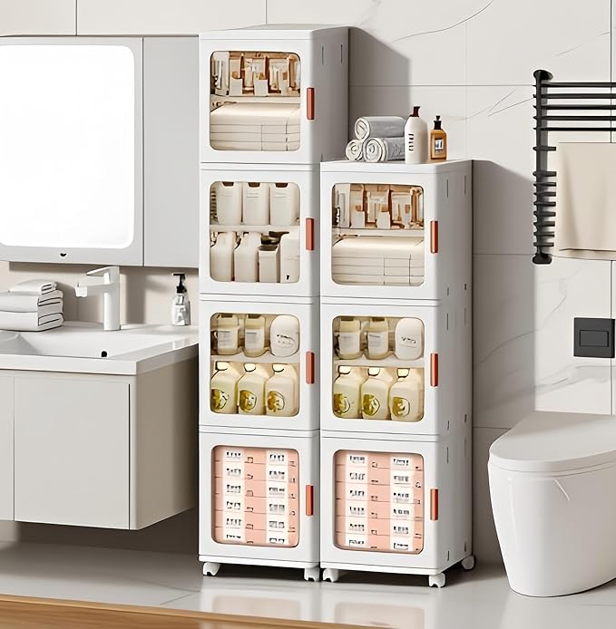 4-Tier Narrow Storage Cabinet Foldable Plastic Bathroom Organizers with Magnetic Doors & Adjustable Shelves, Slim Storage for Small Spaces Pantry Kitchen Laundry Room Quick Assembly, White