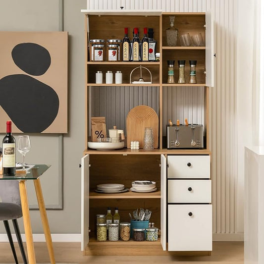 PETSITE Kitchen Buffet Hutch Storage Cabinet, 71" Freestanding Pantry with 3 Cabinets & Drawers, Adjustable Shelves, Microwave Cupboard for Living Room, Dining Room