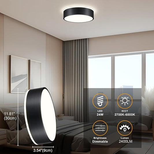 Black Flush Mount Ceiling Lights, Modern Dimmable 5CCT Close to Lighting Fixture, 2700K-6000K LED Round Ceiling Lamp for Kitchen Hallway Bedroom Laundry Room Entryway Bathroom-11.8in