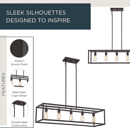 Quoizel New Harbor Linear Chandelier, 38 Inch 5-Light Western Bronze Open-Frame Pendant Lights, 100W, Max Adjustable Height 50", Island Chandelier for Kitchen, Over the Dining Table or Living Room