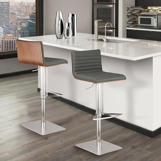 Armen Living LCCASWBAGRB201 CafΓ© Adjustable Barstool in Grey Faux Leather and Brushed Stainless Steel Finish, Gray/Walnut, 31.5" x 19.29" x 17"