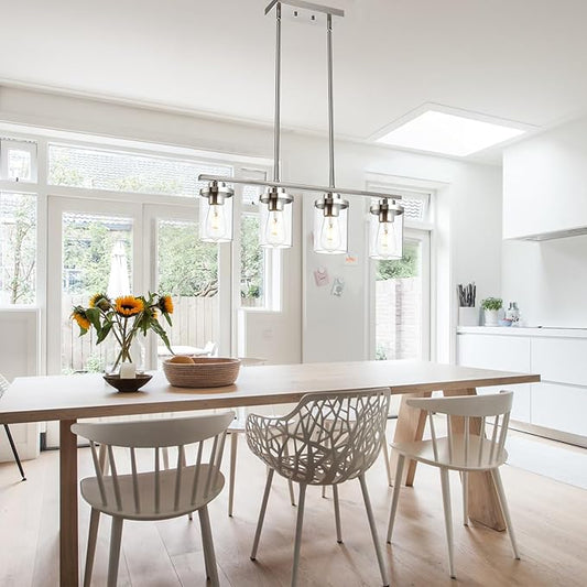 4-Light Dining Room Light Fixtures, Modern Kitchen Island Pendant Lighting Brushed Nickel Flush Mount Ceiling Hanging Lighting with Glass Shade Pendant Lights for Living Room Bedroom Hallway