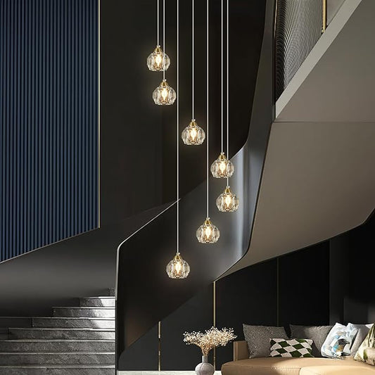 Weesalife Crystal Chandeliers for Staircases, 7-Light Gold Modern Chandeliers for High Ceilings,Crystal Pendant Light Fixture for Living Room Kitchen Island Foyer Hallway Bar