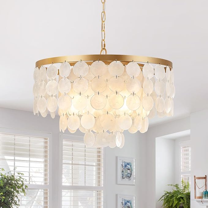 Shell Chandelier, White and Gold Chandelier Light Fixture with 4 Lights Capiz Seashell Pendant for Foyer,Kitchen Island,Entryway,Dining Room (18" Coastal Chandeliers)