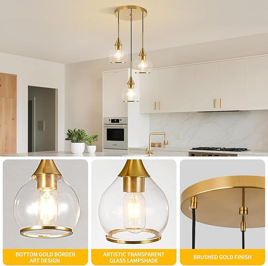 3-Light Island Light for Kitchen, Gold Kitchen Island Hanging Pendant Light, Brushed Gold Dining Room Light Fixture Over Table with Clear Round Glass Shades