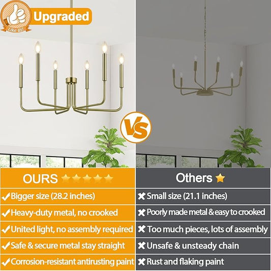 Lynnoland Brass Chandelier, 6-Light Farmhouse Chandeliers for Dining Room Lighting Fixtures Hanging, Vintage Candle Pendant Light Light Fixture for Bedroom, Kitchen, Foyer and Living Room