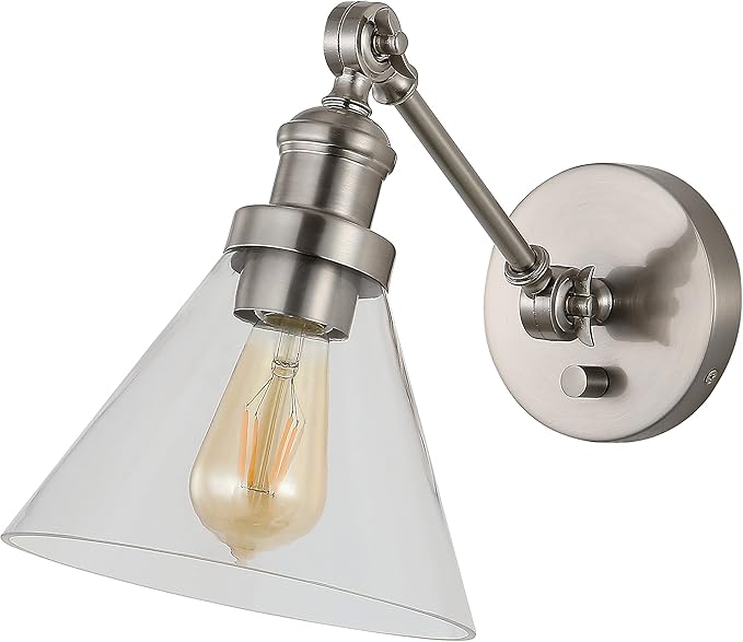JONATHAN Y 8" Nickel Adjustable LED Wall Sconce, Plug-in Wall Lamp with Dimmer Switch, Clear Glass Shade for Bedroom Living Room Kitchen, LED Bulb Included (JYL7575B)