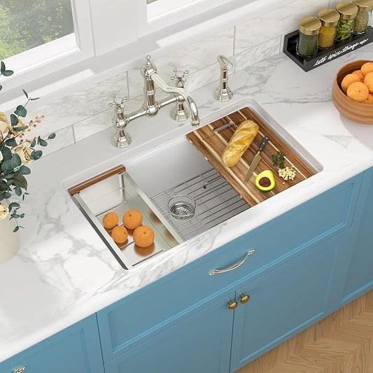 Sarlai Granite Composite Kitchen Sink - 32 x 19 Inch Granite Undermount Kitchen Sink Ledge Workstation 32 Inch Under-Mount White Quartz Classic Single Bowl Sinks Under Counter Basin With Accessories