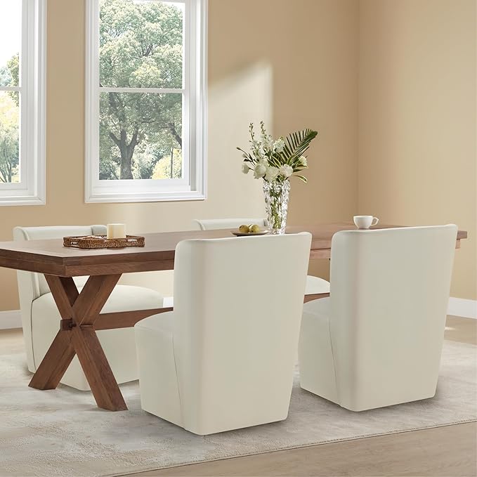KISLOT Upholstered Dining Chairs Set of 2 with Casters, Wingback Modern Side Armless Deskchair with Rollers for Diningroom Bedroom Livingroom Reading Room, Cream Faux Leather