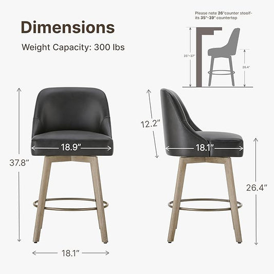 Counter Height Bar Stools Set of 2, Modern Swivel Barstools with Back and Wood Legs, Faux Leather Upholstered Bar Chairs, 26" Seat Height Counter Stools for Kitchen Island,Black