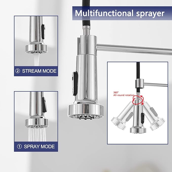 VOTON Chrome Kitchen Faucets with Pull Out Sprayer Commercial Spring Sink Faucet Stainless Steel Pull Down Single Handle Farmhouse faucets with Deck Plate for Camper Laundry Utility Rv Wet Bar