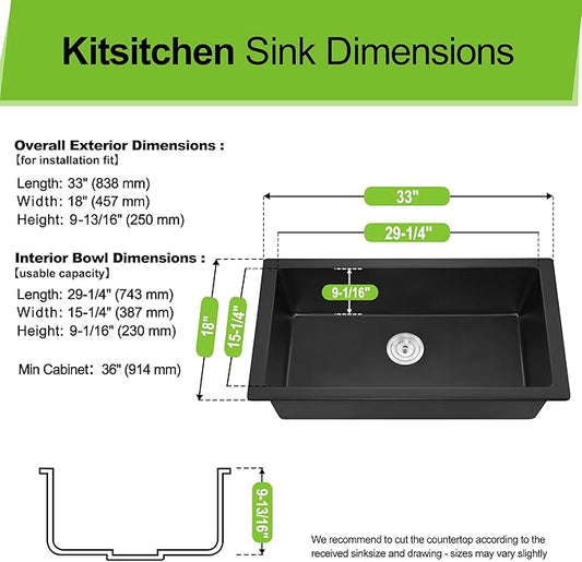 Kitsitchen Black Undermount Kitchen Sink, Granite Composite Kitchen Sink with Drain Assembly & Bottom Gird,33 Inch Quartz Stone Kitchen Sink(Black, 33"x18")