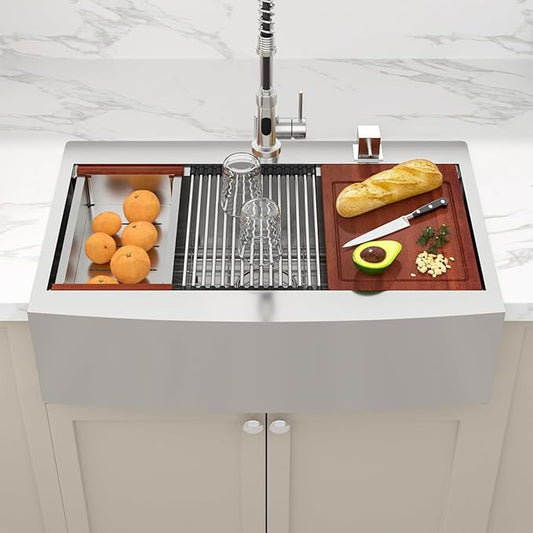 Sarlai 33 Farmhouse Kithchen Sink - 33 x 22 Inch Apron Front Ledge Drop In Workstation16 Gauge Stainless Steel Single Bowl Top-mount Farm Sinks