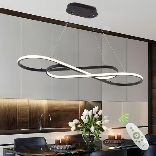 LED Chandelier,39.4inch Modern Led Pendant Light with Remote,Dimmable Black Chandelier for Dining Room,Adjustable Height 45W Aluminium Contemporary Ceiling Hanging Light Fixture for Kitchen