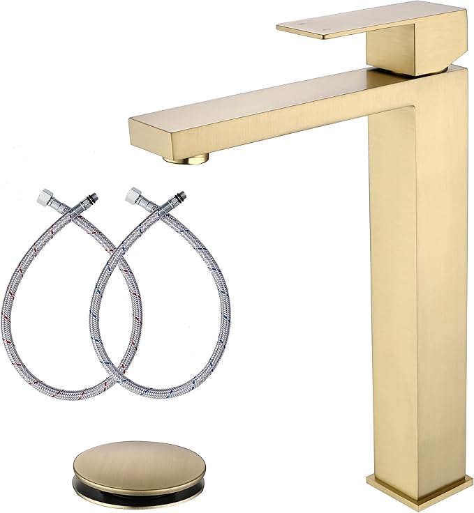 Brushed Gold Vessel Sink Faucet, Gold Bathroom Faucet Single Hole, Single Handle Tall Bathroom Sink Faucet with Pop Up Drain, AML-11411-BG