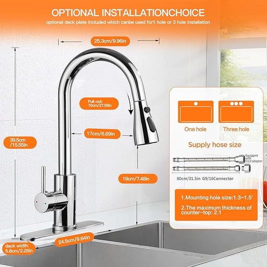 Kitchen Faucet with Pull Down Sprayer,Stainless Steel Single Handle Kitchen Faucet,1/3 Hole, Deck Plate Included,Suitable for farmhouses, Campers, Laundry Rooms, RVs, and Bars (Chrome)