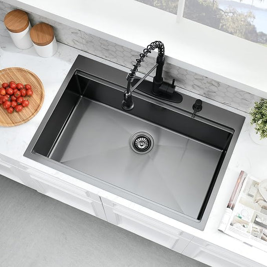 36×22 Black Drop In Kitchen Sink Workstation – 16 Gauge Black Stainless Steel Kitchen Sink, Large Top Mount Single Bowl Commercial Sinks with Accessories