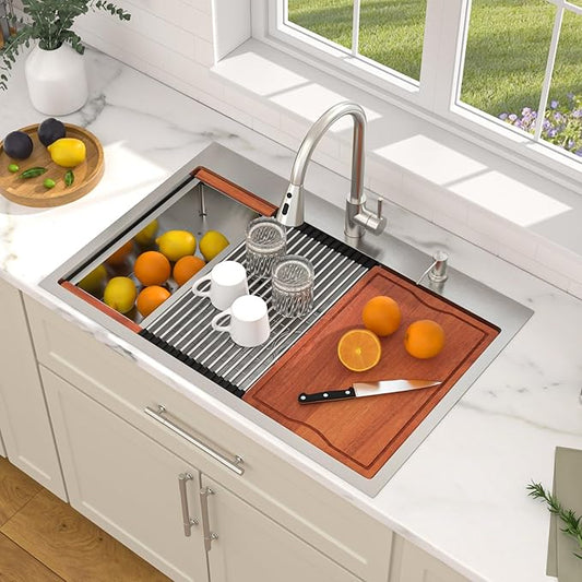 Dcolora 33"×22" Drop In Kitchen Sink With Faucet Topmount Single Bowl SinkS Workstation 304 Stainless Steel Overmount Sink For Kitchen 33 Inch, DC-SFDOE00126