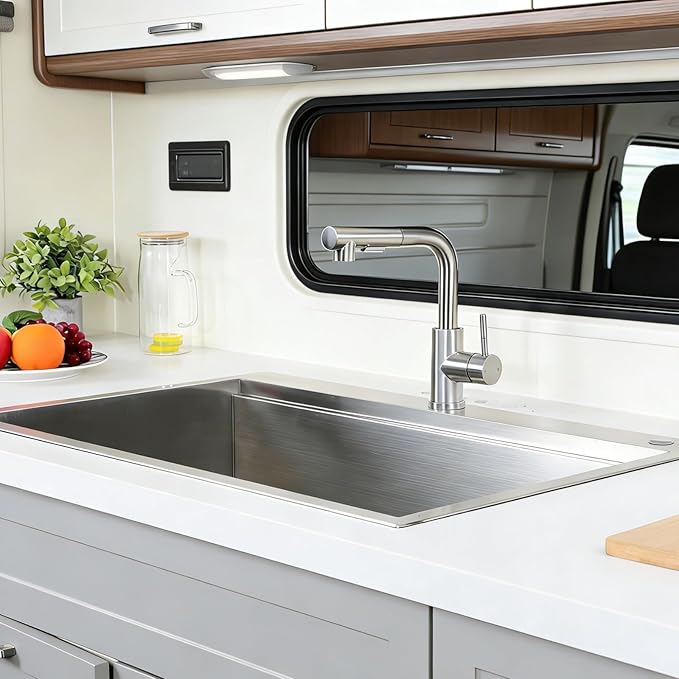 Friho Bar Sink Faucet with Pull Down Sprayer - Lead-Free SUS304 Stainless Steel Single Handle Kitchen Faucet, Brushed Nickel High Arc Kitchen Sink Faucet for Bar, Prep Station, RV & Laundry Room