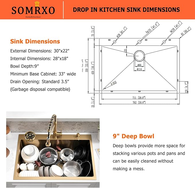 30×22 Drop In Kitchen Sink with Faucet Combo-Stainless Steel Gold Drop In Sink with Cup Washer, 9 Inch Deep Single Bowl Kitchen Sinks and Faucets Combo Set,Top Mount Design for Modern Kitchens