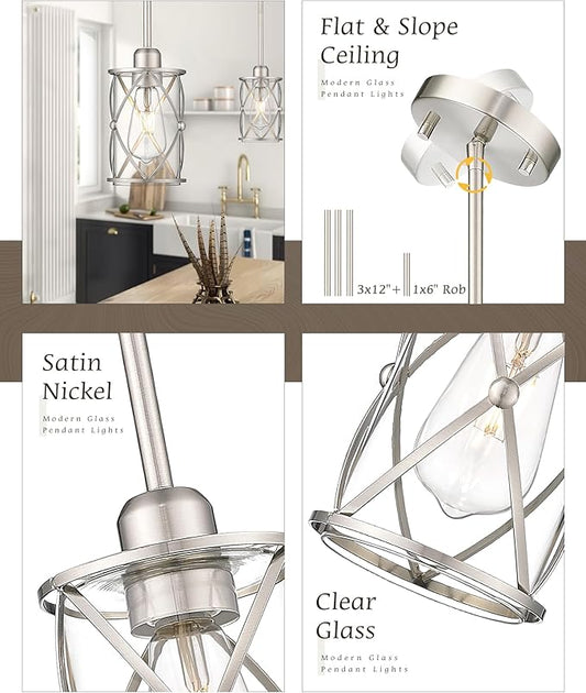 Brushed Nickel Pendant Lights Kitchen Island 3 Pack, Glass Kitchen Pendant Lighting Over Island with Rod, Modern Mini Hanging Light for Kitchen Sink Dining Room, CH9176BN-3PK