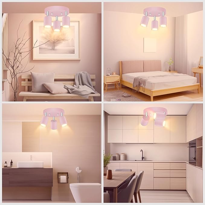 BoostArea LED 3 Light Track Lighting Kit, LED Track Lighting Fixtures, Pink Round Ceiling Spot Lighting, Flexibly Rotatable Light Head for Kitchen, Living Room, Bedroom, GU10 Bulb Not Included