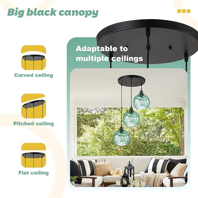 3-Light Vintage Chandelier Green Glass Globe Pendant Light Kitchen Island Mid Cenytury Lamps Black Ceiling Hanging Light for Bedroom Dining Room Living Room
