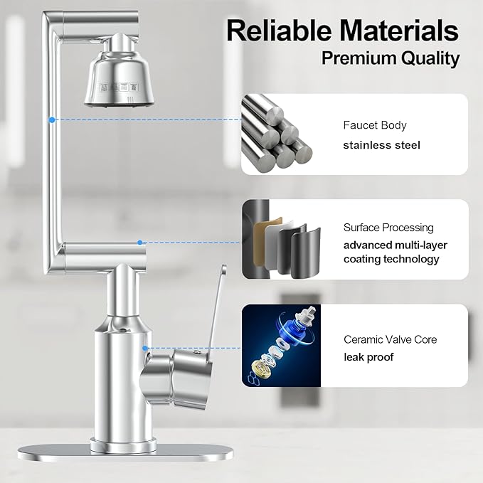Bathroom Sink Faucet, FunnyAir Stainless Steel 1080° Rotatable Faucet for Sink 1 Hole or 3 Holes, Modern Style Single Handle Bathroom Faucets with Hot and Cold Hoses, Silver