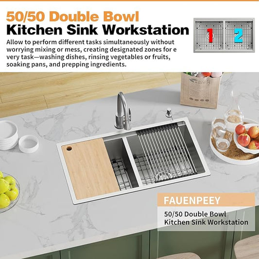 33"x19" Kitchen Sink Workstation - 50/50 Double Bowl Stainless Steel Undermount Kitchen Sink Built-in Ledge Drop In Workstation Sink For Placing/Sliding Accessories-Cutting Board,Drying Rack