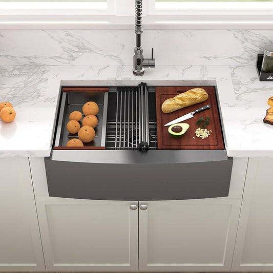 Sarlai 30 Black Farmhouse Kitchen Sink Workstation - 30"x22" Farmhouse Sink Gunmetal Black Apron Front Undermount Kitchen Sink 16 Gauge Stainless Steel Deep Single Bowl Kitchen Farmer Sinks