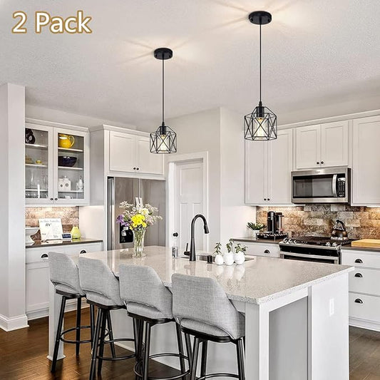 Black Pendant Light, 2 Pack Vintage Cage Hanging Lamp Farmhouse Industrial Metal Pendant Lighting Fixtures for Kitchen Island Bedroom Hallway