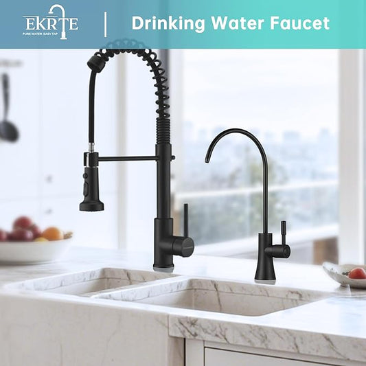 EKRTE Matte Black Drinking Water Faucet for Kitchen Sink, Stainless Steel Kitchen Water Filter Faucet,Commercial Water Filtration Faucet for Under Sink Water Filter System, RO Faucet in Matte Black