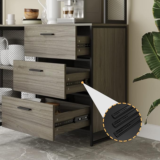 AGOTENI Large Kitchen Hutch Cabinet, Storage Cupboard Pantry with 3 Metal Doors, 3 Drawers & Microwave Shelf, for Kitchen Open Storage, Walnut (59" W x 15.7" D x 68.5" H)