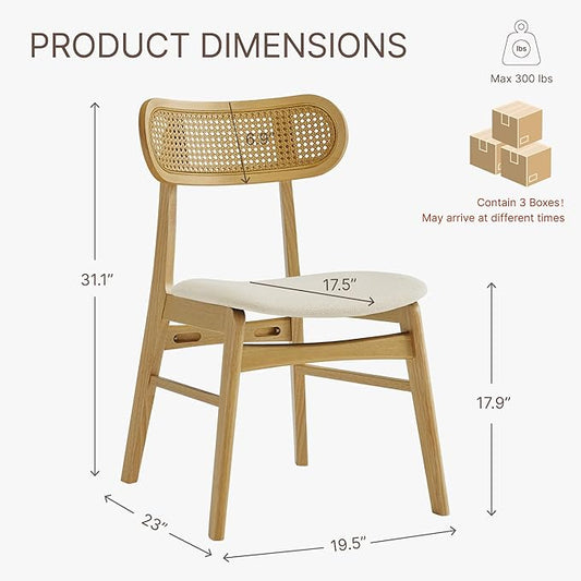 KISLOT Wooden Dining Chairs Set of 6, Upholstered Modern Dining Room Chairs, Mid Century Oak Wood Kitchen Chairs with Rattan Backrest for Farmhouse, Kitchen, Restaurant (Cream Fabric & Original Color)