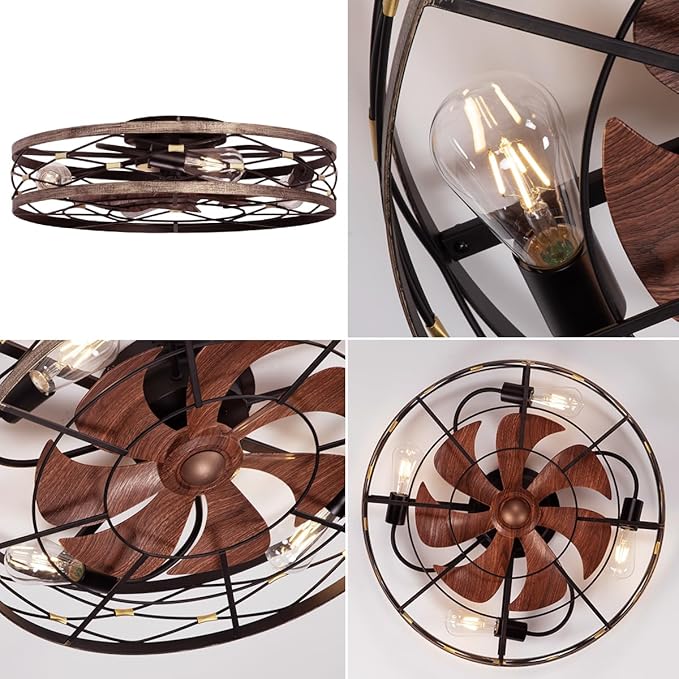 SHLUCE 23.6" Caged Ceiling Fan with Light Flush Mount, Farmhouse Low Profile Ceiling Fans with Lights and Remote, 6 Speeds Rustic Large Bladeless Ceiling Fan with Light for Bedroom, Living Room