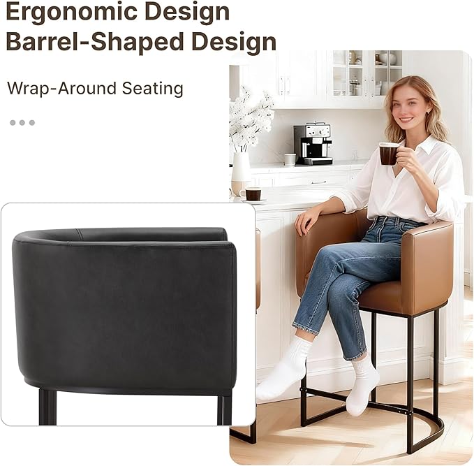 24" Counter Height Bar Stools Set of 4, Modern Barrel Counter Stools with Backrest and Arms, Faux Leather Upholstered Accent Barstools with Metal Legs for Kitchen Island,Black