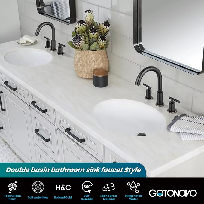 gotonovo 3 Hole 2 Handles Lavatory Basin Bathroom Sink Faucet with Pop Up Drain with Hot and Cold Mixer Valves 8 Inch Widespread Bathroom Faucet Oil Rubbed Bronze