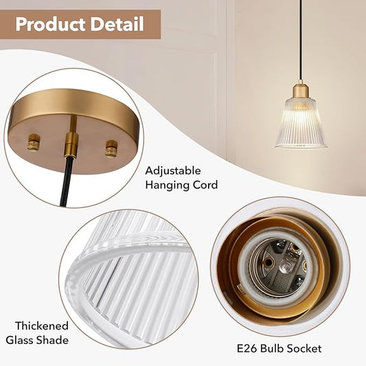 Pendant Lights Kitchen Island, Gold Pendant Light Fixtures with 5.8mm Thick Glass Shade and Adjustable Cord, Modern Pendant Lighting for Bathroom, Dining Room, Bedroom, 3 Pack