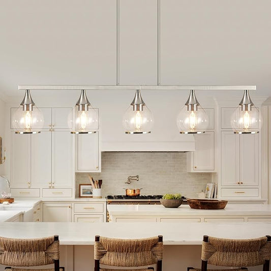 Island Light for Kitchen, 5-Light Brushed Nickel Kitchen Island Linear Hanging Pendant Chandeliers, Brushed Nickel Dining Room Light Fixture Over Table with Clear Round Glass Shades