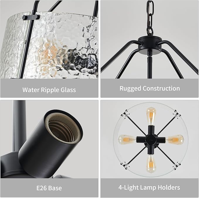 Glass Drum Chandelier for Dining Room 18'' Entryway Light Fixture 4-Light Kitchen Chandeliers Over Table Bedroom Light Fixture for Living Room Hallway Foyer Kitchen