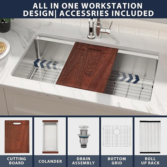 33 In Undermount Kitchen Sink Workstation 33X19X10 Inch Stainless Steel Kitchen Sinks 16 Gauge Single Bowl 10 Deep Basin Undermount Handmade Sink
