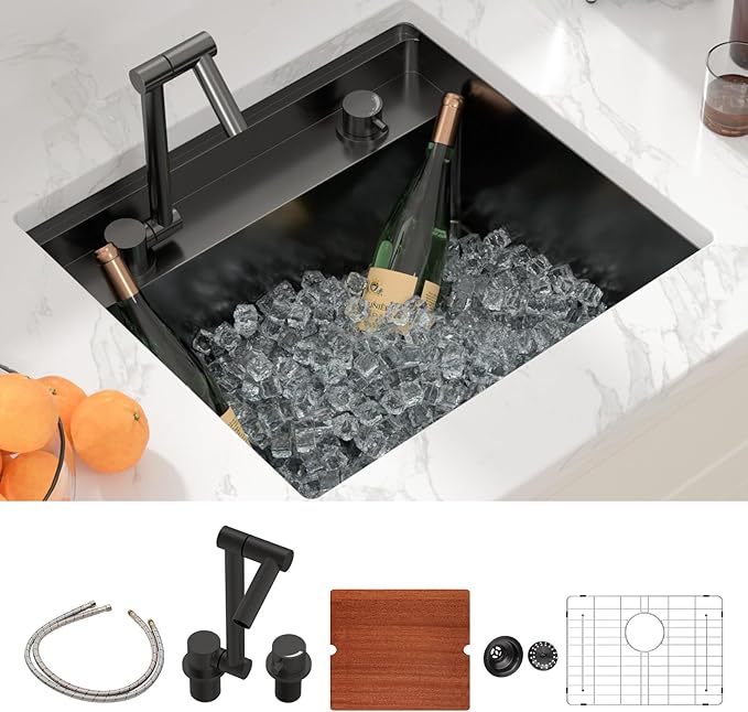 Sarlai Black Undermount Bar Sink - 21x19 Inch Outdoor Kitchen Sink RV Workstation Gunmetal Black 16 Gauge Stainless Steel Single Bowl Handmade Outdoor BBQ Sinks With Foldable Faucet