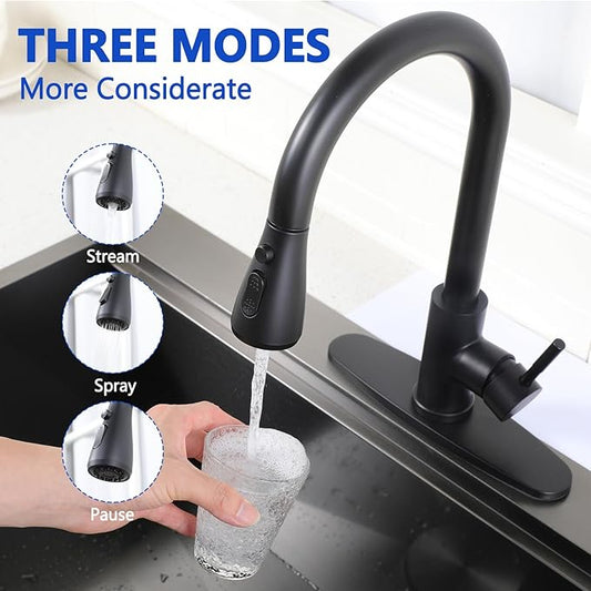 Black Kitchen Faucet with Pull Down Sprayer, Single Handle Kitchen Faucet Matte Black, Stainless Steel Suitable for 1 or 3 Hole Sinks for Farmhouse, RV, Laundry, Bar, RC-KYT010B-D