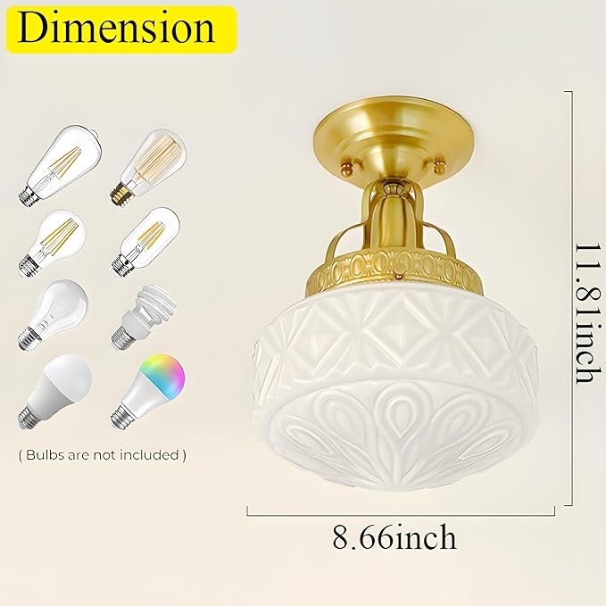Bofea-Gold Semi Flush Mount Ceiling Light,Brass Vintage Flush Mounted Ceiling Lighting with Milk White Glass Shade, Mid-Century Style Ceiling Light Fixture for Hallway Foyer Loft Bathroom Bedroom. (A)