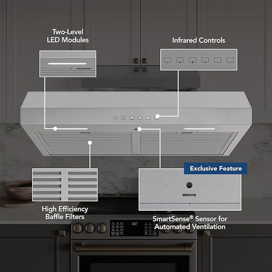 Broan-NuTone Glacier 36-Inch 490 MAX Blower CFM 1.0 Sones Stainless Range Hood