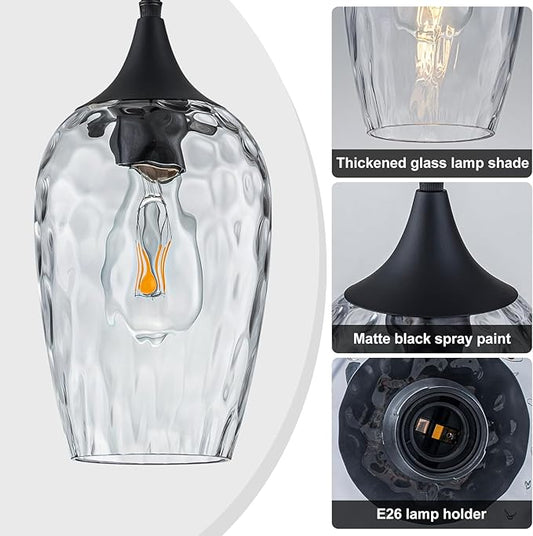 Glass Pendant Lights Kitchen Island 2 Pack, Black Pendant Light Fixtures with Hand-Blown Clear Glass Modem Farmhouse Hanging Light for Kitchen Sink Dining Room Bedroom