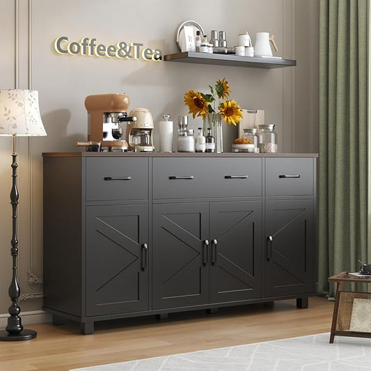 VVFLU 55" Sideboard Buffet Cabinet with Storage, Coffee Bar Cabinet with 3 Drawers and 4 Barn Doors, Long Storage Cabinet Modern Farmhouse, Black Wood, for Kitchen, Dining Room, Living Room