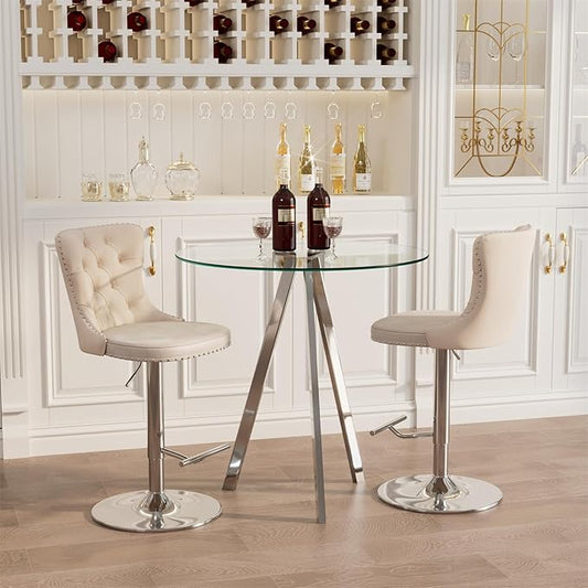 yeag 31.5'' Glass Round Bar Table Set with Stools, Modern High Top Pub Bistro Table & 2 Adjustable Metal Bar Stool Velvet Swivel Bars Chairs (Silver Metal Legs, Clear Top + Beige Chair)