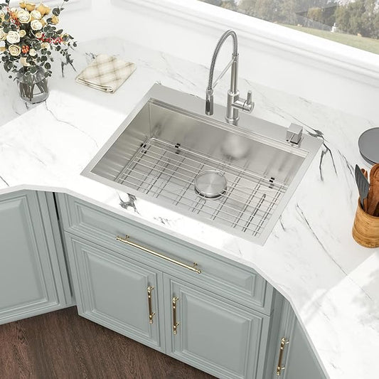 Kichae 25 Inch Drop In Kitchen Sink Workstation - 25" x 22" Drop-In Kitchen Sink 16 Gauge Stainless Steel Single Bowl Ledge Workstation 25 Inch Handmade Basin